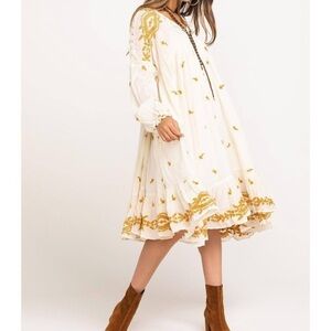 Free people oversized embroidered mp a line midi swing dress xs/s mustard ivory